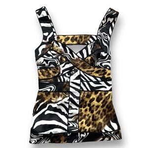 Cache Zebra Leopard Print Silk Blend Corset Tank Top XS Y2K Going Out Open Back